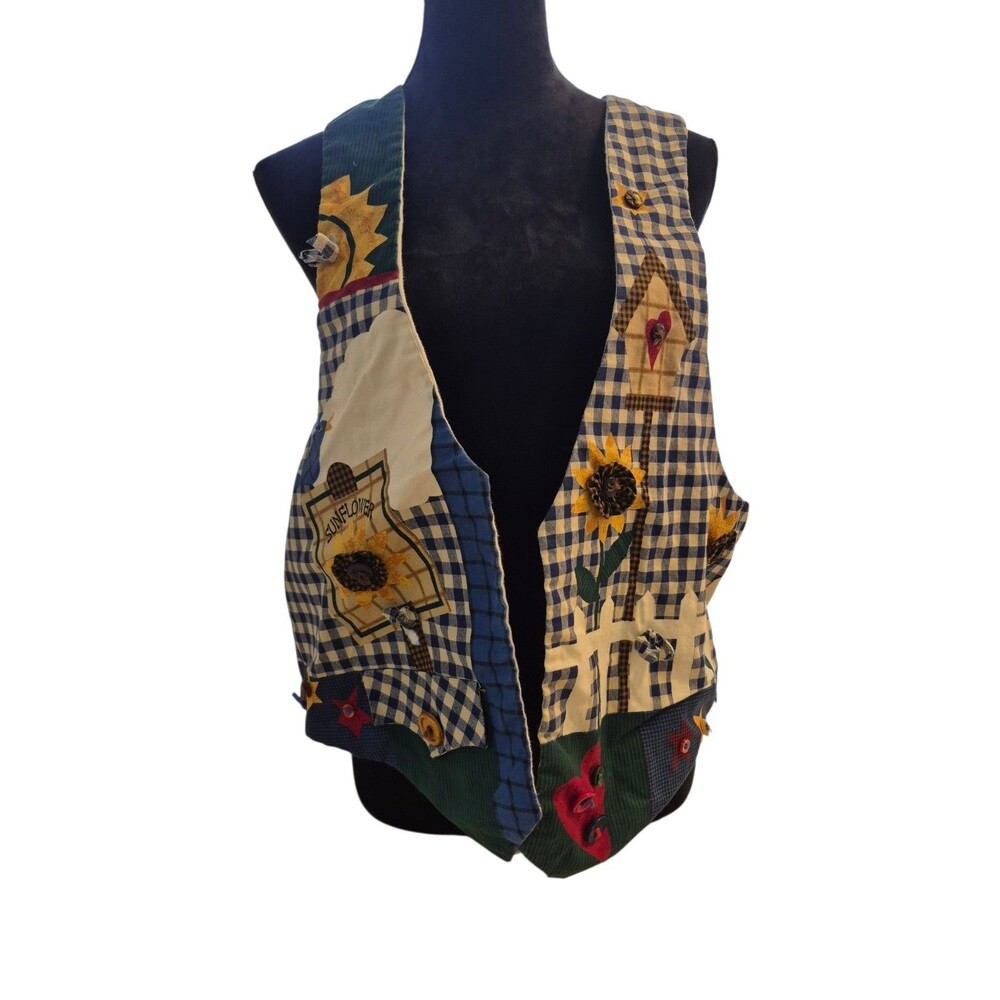 VTG Handmade Vest Sunflower Blue Spring Tie Back Cottagecore Checkered